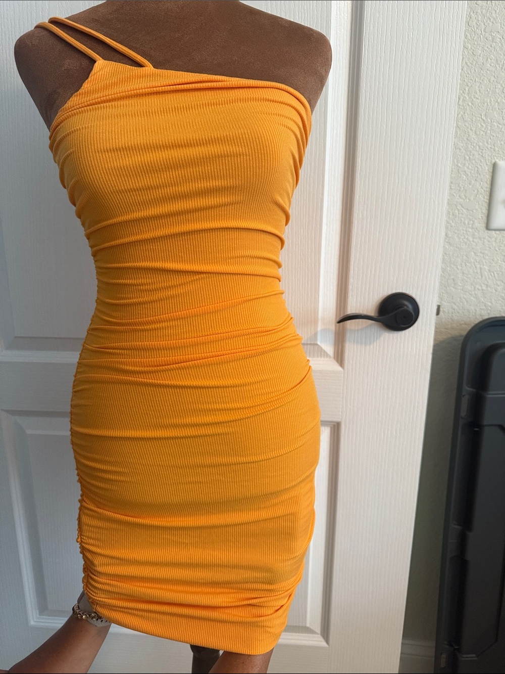Princess Polly One-Shoulder Ribbed Bodycon Dress in Mustard